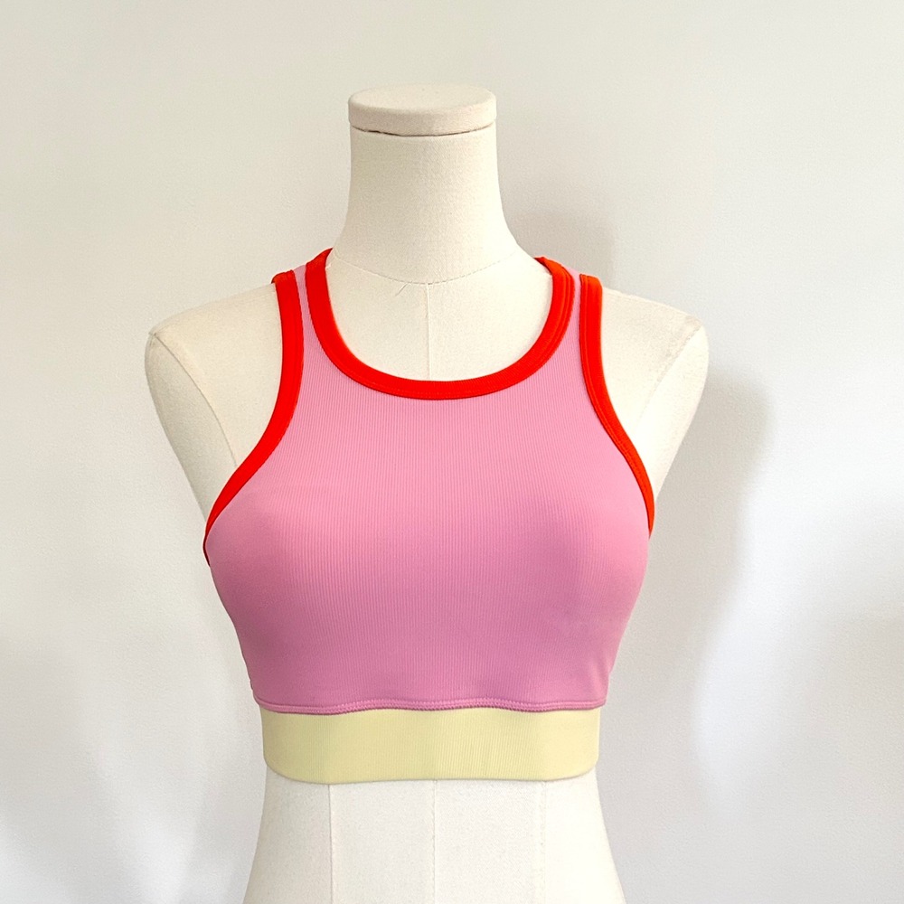WILO Ribbed Racerback Colorblock Sports Bra Small Activewear Pink Red Cropped